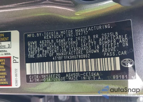 2017 Toyota Camry Se z USA, uszkodzony, nr VIN 4T1BF1FK9HU780862